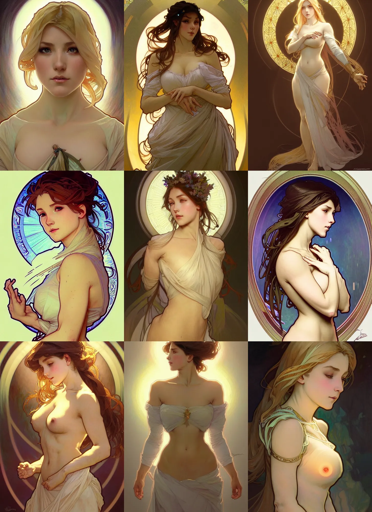 Prompt: digital character concept art by artgerm and greg rutkowski and alphonse mucha. clear portrait of a modestly clothed young wife blessed by god to uncontrollably become overwhelmingly perfect!! blonde, obviously full - figured holy body!! light effect. hyper detailed, glowing lights!! intricate, elegant, digital painting, artstation, smooth, sharp focus