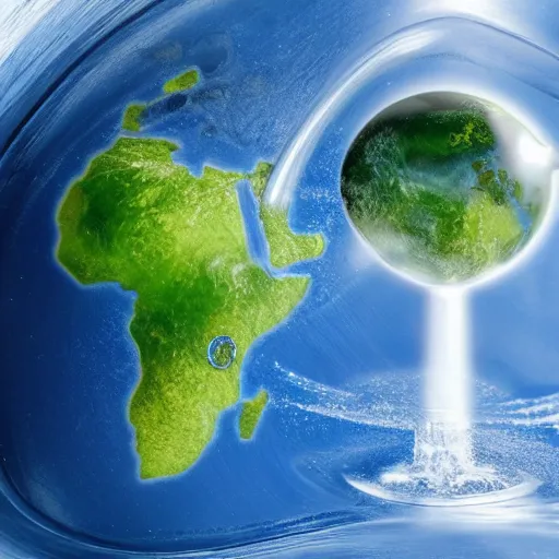 Prompt: a drop in the shape of planet earth coming out of a water faucet-n 4