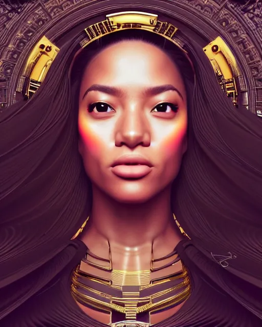 Prompt: ( ( ( portrait of tech goddess ) ) ), zoom, rule of thirds, atmosphere, intricate, regal, latinas, ( brown skin ), symmetrical!!, loreal, maybelline, sephora, loreal, artstation, art by artgerm and gonzalo ordonez arias, moody, concept art, filmic, vsco
