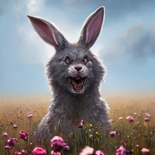 Image similar to A werewolf bunny transforming in a field of flowers. Academic painting by Greg Rutkowski, Mobile still frame. 4K UHD