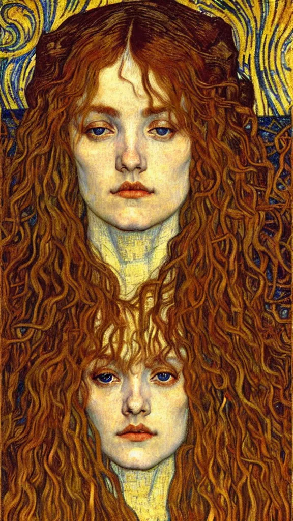 Image similar to detailed realistic beautiful young medieval queen face portrait by jean delville, gustav klimt and vincent van gogh, art nouveau, symbolist, visionary, gothic, pre - raphaelite, muted earthy colors, desaturated