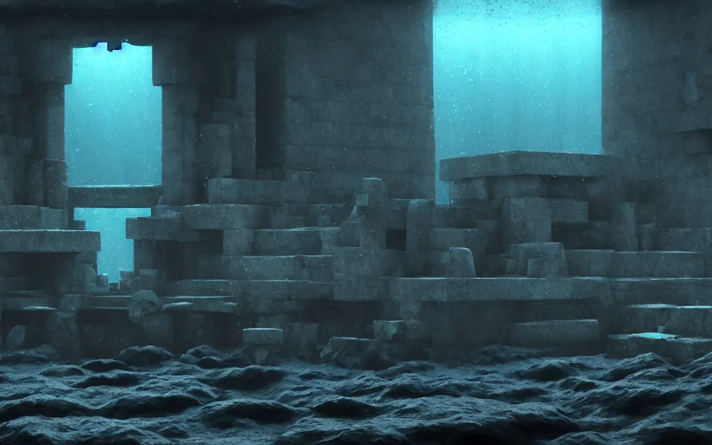 Image similar to wide shot, submerged pre - incan temple, dark, grenada underwater sculpture park, symmetrical, bubbles, abyss, anime style mixed with fujifilm, detailed gouache paintings, stylized, dark, murky, foggy, atmospheric, artstation, cgsociety, octane render, cgi, unreal engine 5, denoise, cinematic masterpiece