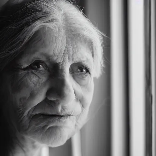 Prompt: black and white fashion photograph highly detailed portrait of a depressed beautiful mature model woman standing by the window, natural light, lomo, fashion photography, film grain, soft vignette, sigma 85mm f/1.4 1/10 sec shutter