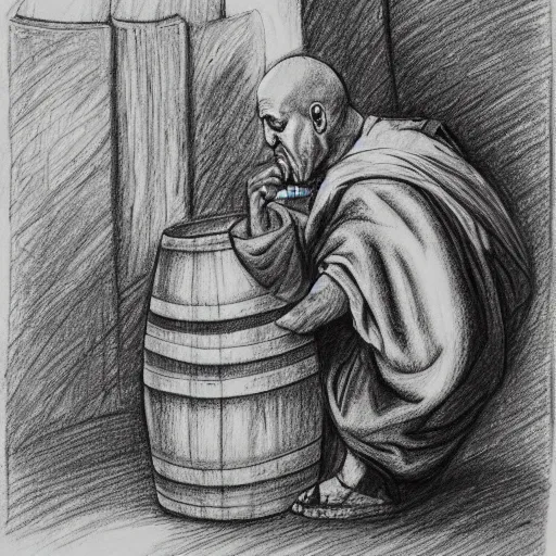 Prompt: pencil sketch of a monk drinking wine next to a barrel, pondering, medieval style