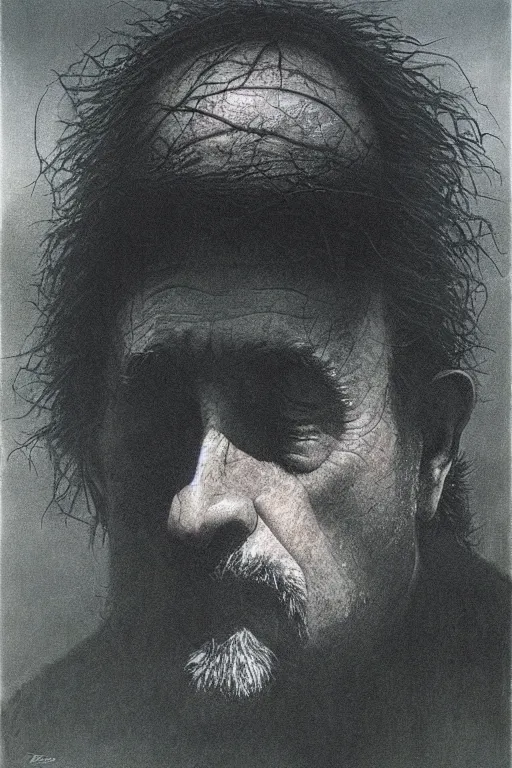 Prompt: portrait of Terrence Malick by Zdzislaw Beksinski