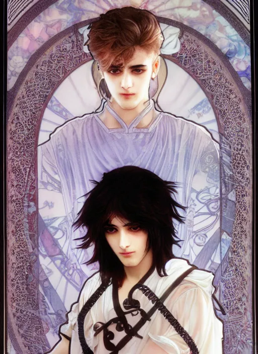 Image similar to beautiful medium shot portrait of a young arabic man inspired by ayami kojima with short hair dressed with a white t - shirt looking into the camera from three - quarters, white background white bank studio light, art by yoshitaka amano, alfons mucha, final fantasy, high quality, 8 k