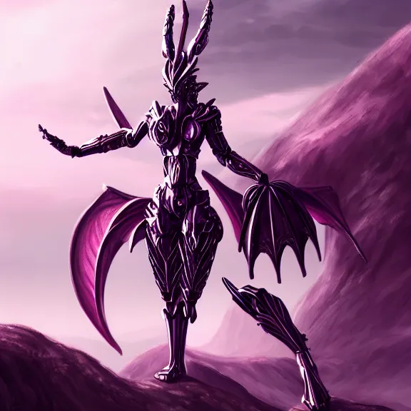 Image similar to extremely detailed fanart of a goddess that's a giant beautiful anthropomorphic robot female dragon, standing majestically over mountains, elegant pose, shiny silver metal armor, fuchsia skin below the armor, sharp metal claws, warframe fanart, high quality digital art, furry art, furaffinity, DeviantArt, 8k HD