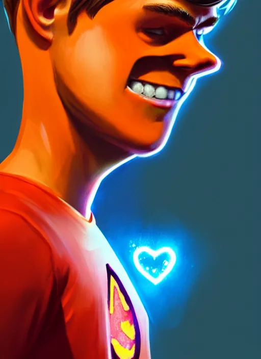 Prompt: friendly teenage archie andrews wearing an orange superhero costume with heart logo, freckles, pureheart the powerful, heart emblem on chest, blue cape, intricate, elegant, glowing lights, highly detailed, digital painting, artstation, sharp focus, illustration, art by wlop, mars ravelo and greg rutkowski