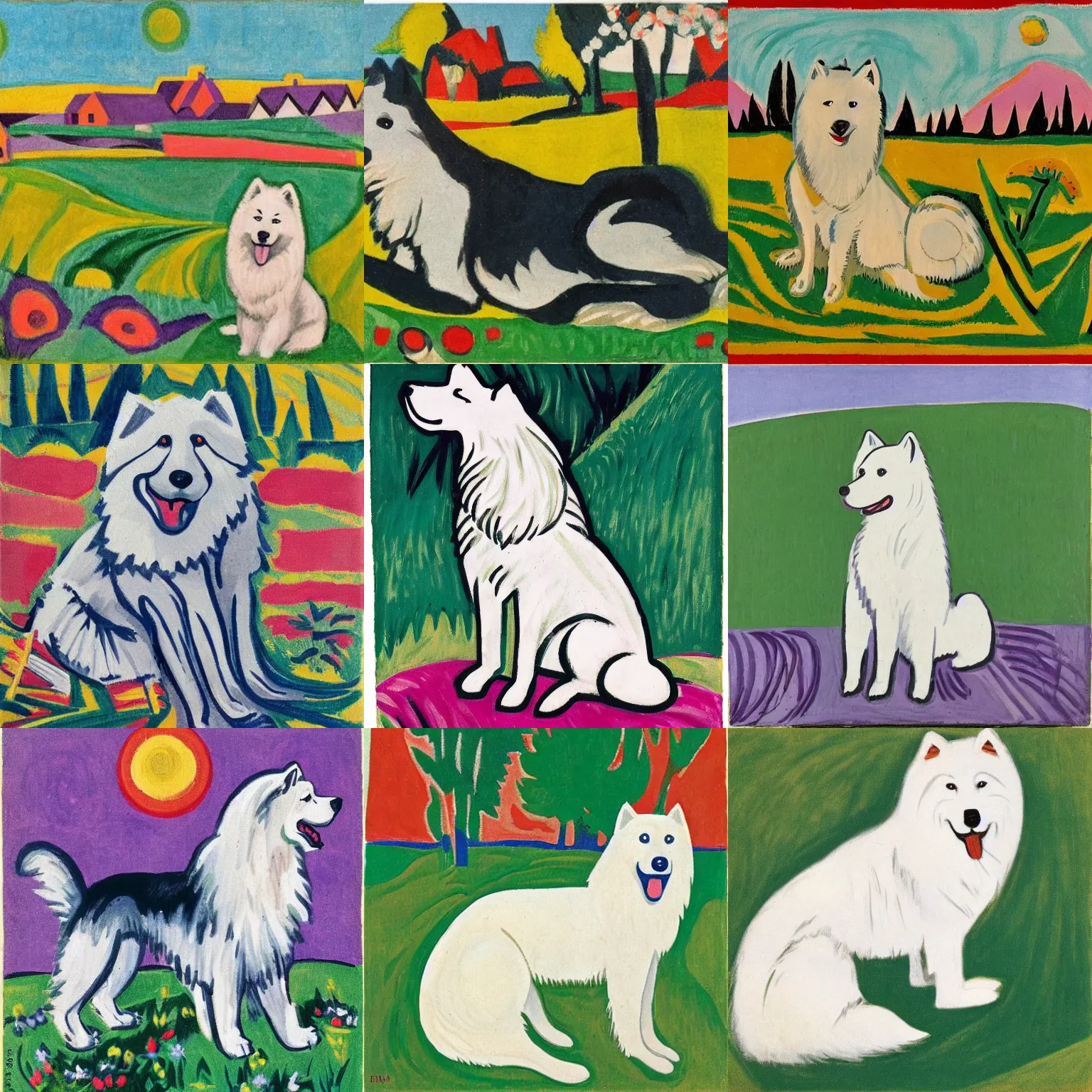 Image similar to a samoyed dog sitting in the middle of sunny meadow, by ernst ludwig kirchner