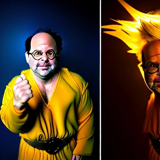 Prompt: uhd candid photo of jason alexander as a super sayian, glowing, global illumination, studio lighting, radiant light, detailed, correct face, elaborate intricate costume. photo by annie leibowitz