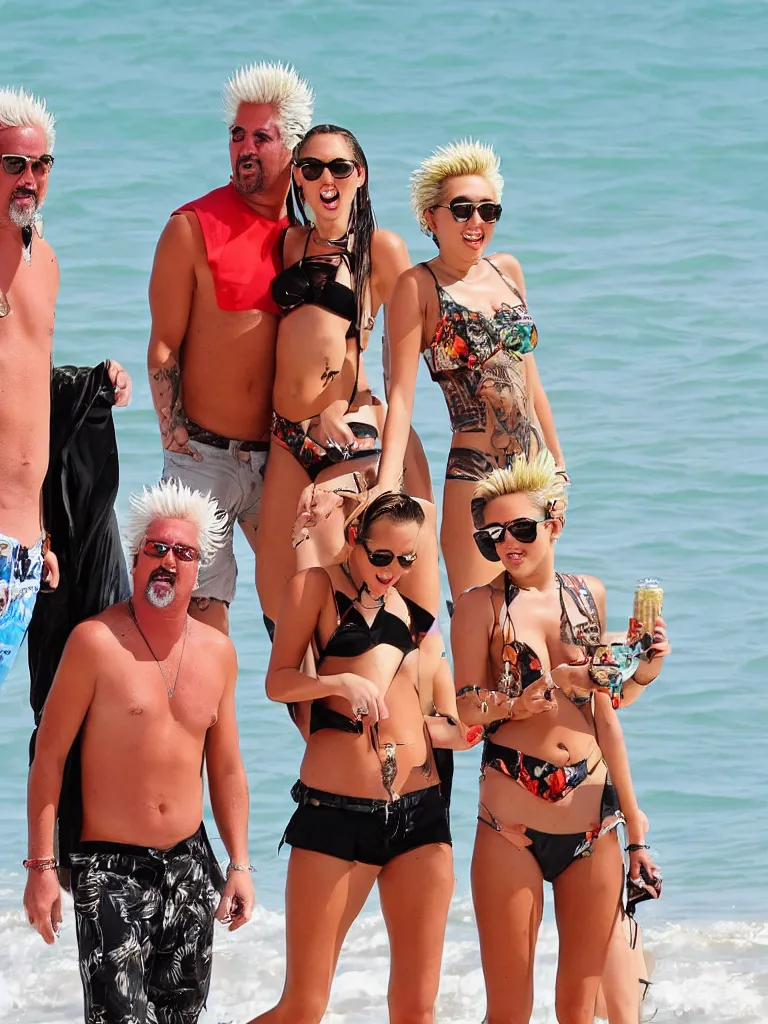 Image similar to olivia munn and miley cyrus and guy fieri on a vacation at the beach