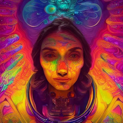 Image similar to An extremely psychedelic experience, colorful, surreal, dramatic lighting, cosmonaut, LSD, face, detailed, intricate, elegant, highly detailed, digital painting, artstation, concept art, smooth, sharp focus, illustration, art by Sam Spratt, Dan Mumford, Artem Demura and Alphonse Mucha