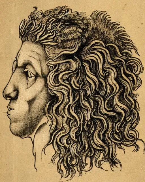 Prompt: human - eagle - lion - ox portrait. horns. beak. mane. drawn by da vinci