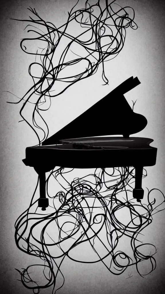 Image similar to a grand piano with long thick vines wrapped around it, fantasy art, art station, grey background,