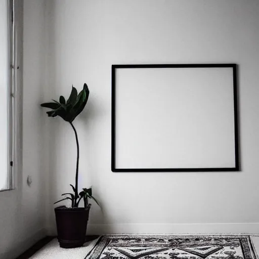 Prompt: minimalist clean spacious empty bright mockup photo of large blank frame on floor with thin light wooden frame moulding, white background wall, light boho carpet, trending on etsy