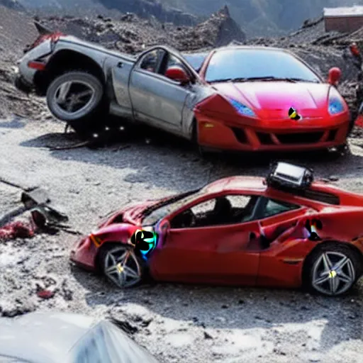 Prompt: crashed ferrari, 3 model lines on top of mount everest