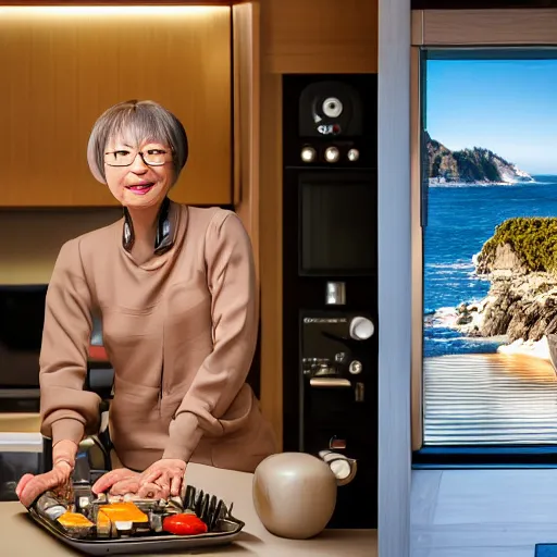 Image similar to dlsr portrait, a detailed high - end expensive luxorious humanoid android robot made out of expensive high - end 8 0's japanese hi - fi equipment, inside the kitchen of a japanese influenced neo - midcentury modern futuristic villa, huge windows showing a rocky california shoreline at golden hour, 4 k, face enhance, ultra - detailed