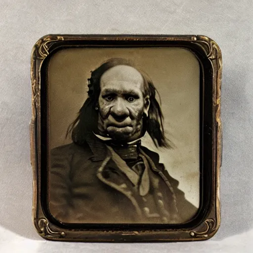 Prompt: 19 century steam punk industrialist orc highly focused detailed daguerreotype photo