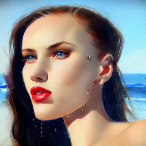 Prompt: woman love woman, sweet hugs, royal dress, gold trim, atmoshperic, elegant, sharp focus, sand sea, red sun, huge lips, close - up, by 3 8 0 light & color female reference pictures, trending on artstation, intricate details