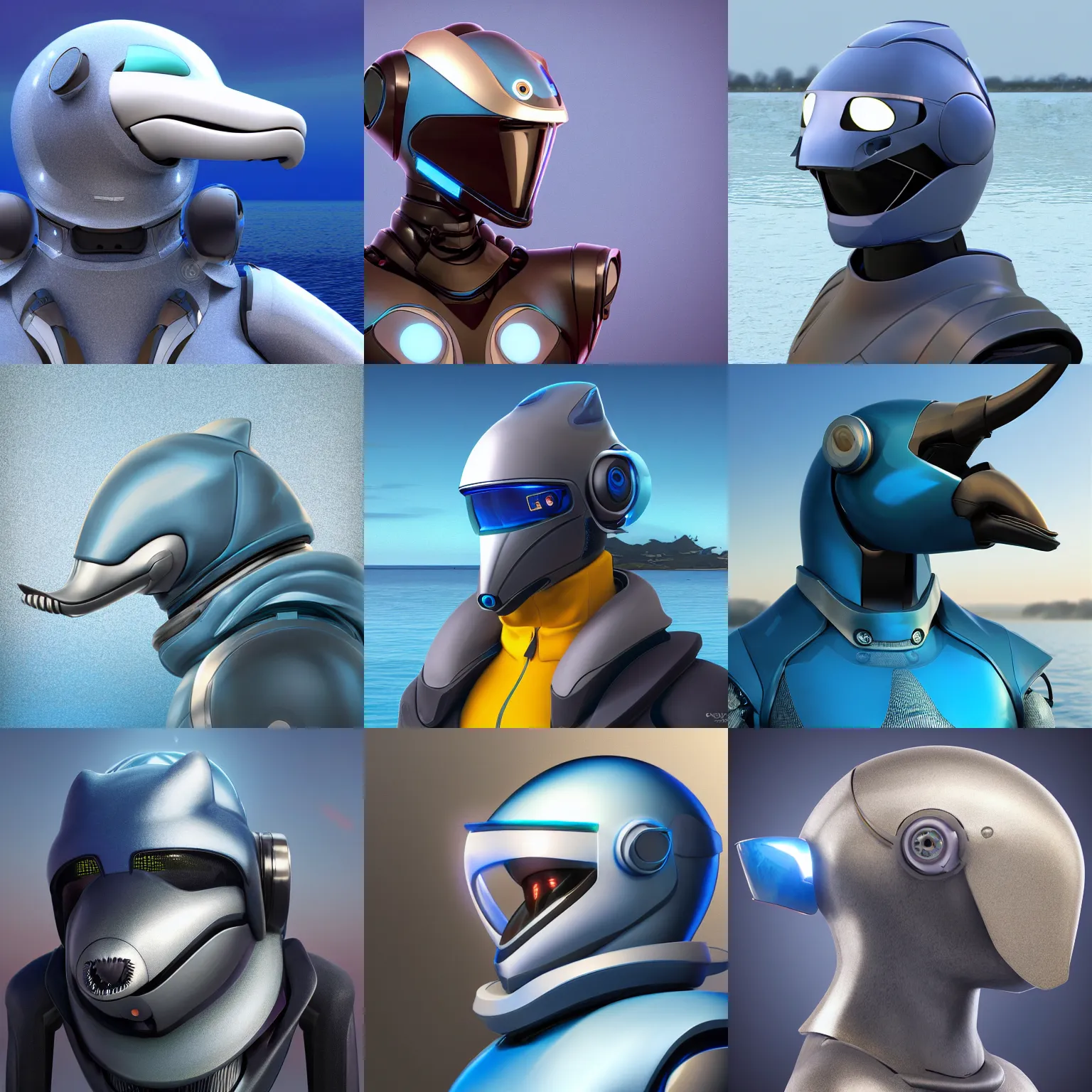 Prompt: very very beautiful furry art, bust profile picture of a male robotic anthro bottlenose dolphin, synthetic cetacean hybrid android, face covered by opaque visor, truncated snout under visor, round shapes, all dark blue metal, commission on furaffinity, cgsociety, octane render, sea in background