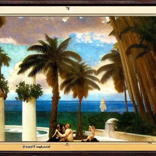 Image similar to The giant column, thunderstorm, greek pool, beach and palm trees on the background major arcana sky, by paul delaroche, alphonse mucha and arnold böcklin arnold böcklin hyperrealistic 8k, very detailed