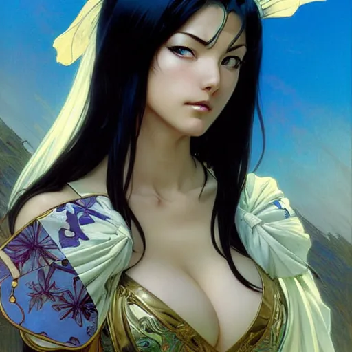 Image similar to highly detailed vfx portrait of nico robin by eiichiro oda!, makoto shinkai, alphonse mucha, msterpriece, art by artgerm and greg rutkowski!, blue eyes!!, large aquiline nose!!, gaston bussiere, stanley kubrick, kaoru mori, intricately detailed, behance, 4 k, hdr