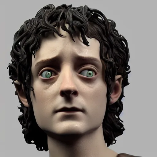 Image similar to tribute sculpture of elijah wood as frodo, high detail shot, smoking, render, cgsociety, photorealism