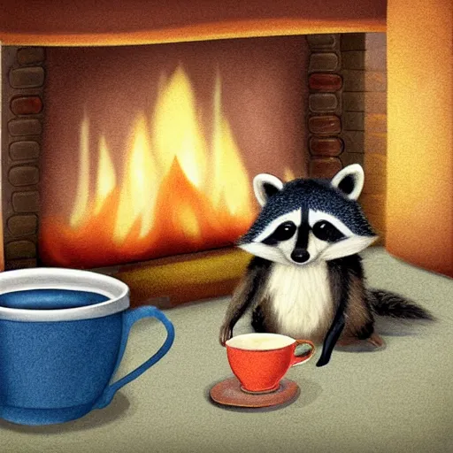 Prompt: little raccoon sitting by a cozy fireplace with a cup of tea. warm color temperature. digital art,