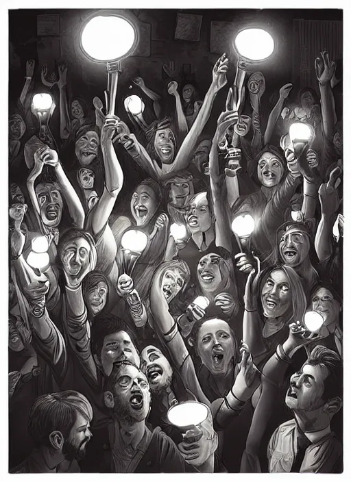 Prompt: “Close-up of party with lots of people dancing and holding bright lamps in their hands. Spotlights and smoke. Artstation. Dark, highly detailed. In style of Mike Savad.”