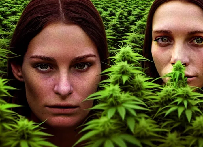 Image similar to photo, young female marijuana farmer, marijuana farm, stefan kostic and david cronenberg, realistic, sharp focus, 8 k high definition, intricate, chiaroscuro, elegant, perfect faces, symmetrical face, extremely detailed, hypnotic eyes, realistic, fantasy art, masterpiece zdzislaw beksinski, national geographic, artgerm