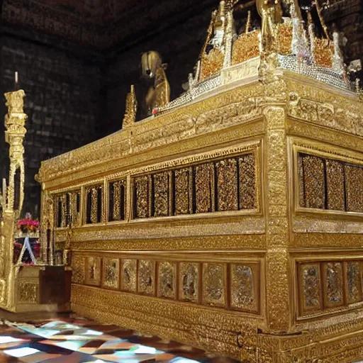 Prompt: a beautiful tomb in which the king's body has been perfectly preserved dressed in all his regal finery. there is no decay or blemish. his body is frozen in time and his body can clearly be seen sitting on his throne as perfect as in life