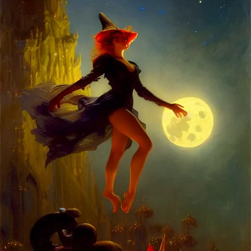 Image similar to attractive witch magically flying trough the night, fantasy, full moon in background. highly detailed painting by gaston bussiere, craig mullins, j. c. leyendecker 8 k