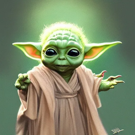 Image similar to baby yoda as frodo, intricate, elegant, highly detailed, digital painting, artstation, concept art, smooth, sharp focus, illustration, art by artgerm and greg rutkowski and alphonse mucha and william - adolphe bouguereau
