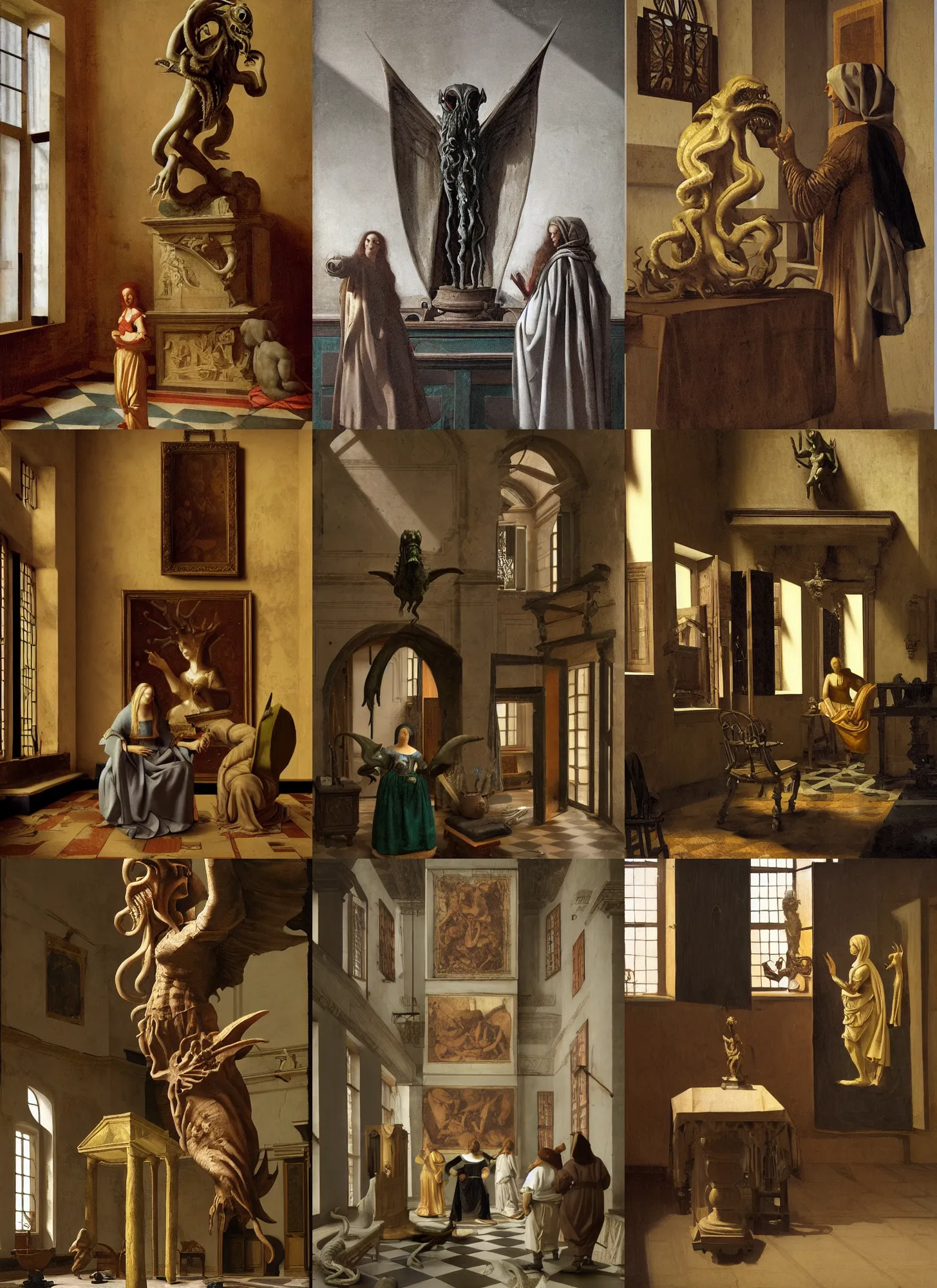 Prompt: italian renaissance indoor workshop with cthulhu statue, highly detailed, artstation, concept art, sharp focus, illustration, rutkowski, vermeer
