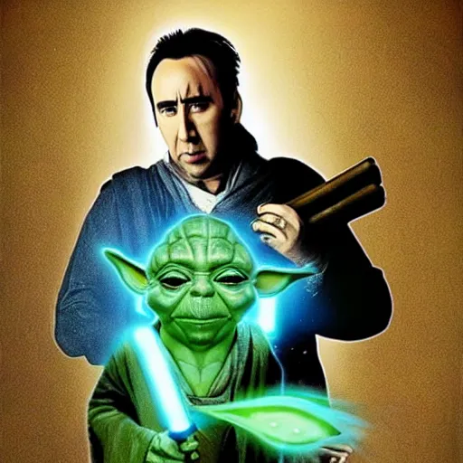 Image similar to Nicolas Cage as JediMaster Yoda