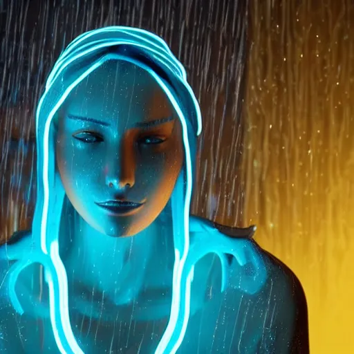 Image similar to a human made out of rain, glowing neon, rendered in octane, unreal engine, highly detailed, realistic, beautiful