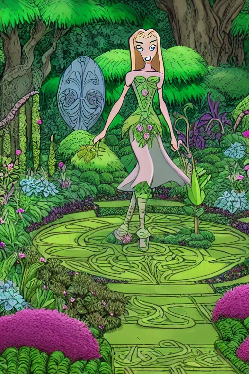 Image similar to intricate detailed Garden, Green Witch Walking her Garden, magical garden plant creatures, enchanted, life like plants, In The animation style of X-Men: The Animated Series, high detail, max upscale, 8k