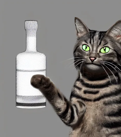 Image similar to a cat holding a vodka bottle, 3D digital art, ray tracing