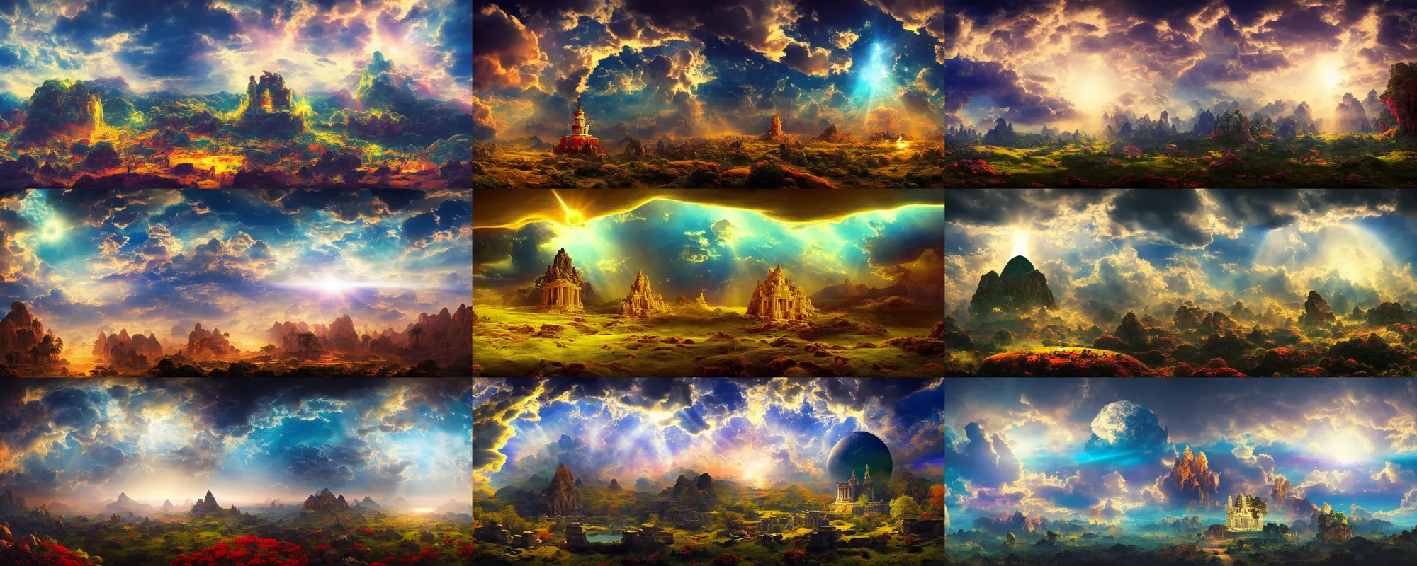 Prompt: beautiful beautiful beautiful beautiful landscape of the psychedelic planet from another dimension, edo, yin yang, panorama, cinematic lighting, puffy clouds, necropolis, temples, by Frederic Edwin Church, by Ivan Aïvazovski, light rays, light simulation, masterpiece, volumetric lighting