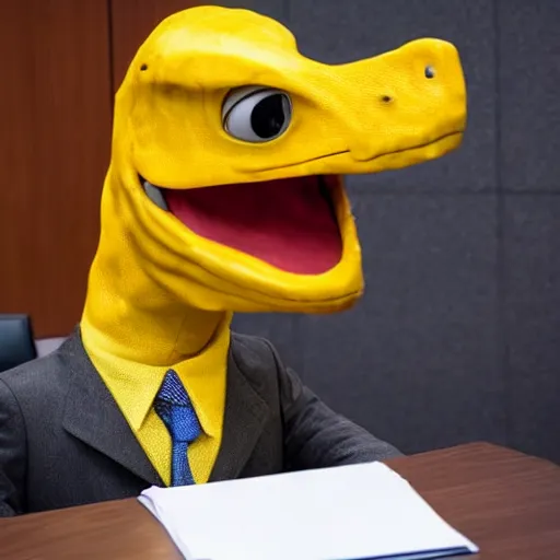 Prompt: professional photograph of an anthropomorphic yellow dinosaur wearing a suit and testifying in court, 8k, highly detailed, highly intricate, cinematic,