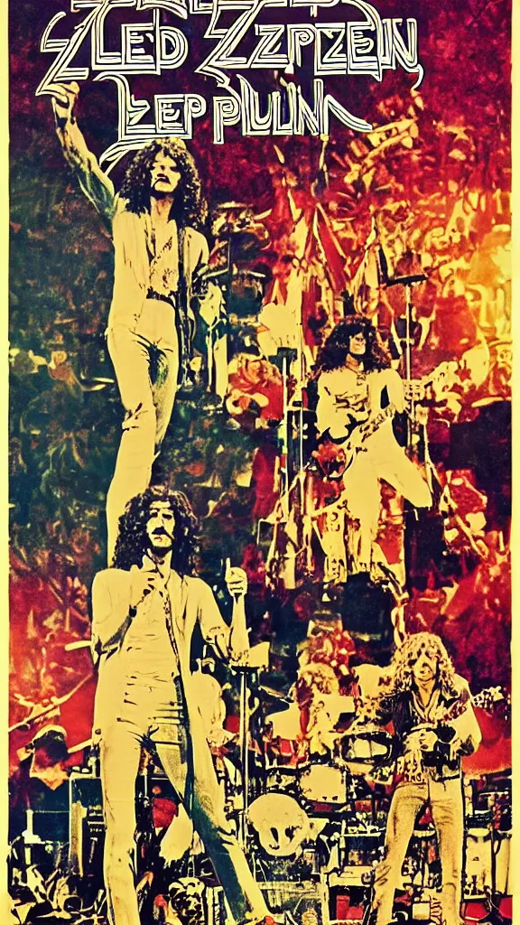 Prompt: Led Zeppelin concert poster circa 1971, LA forum, colorized, highly detailed