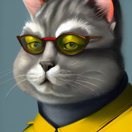 Image similar to Portrait painting of an anthropomorphic gray cat wearing as Soviet leader, medium shot, asymmetrical, profile picture, Organic Painting, sunny day, Matte Painting, bold shapes, hard edges, street art, trending on artstation, by Sergey Kolesov