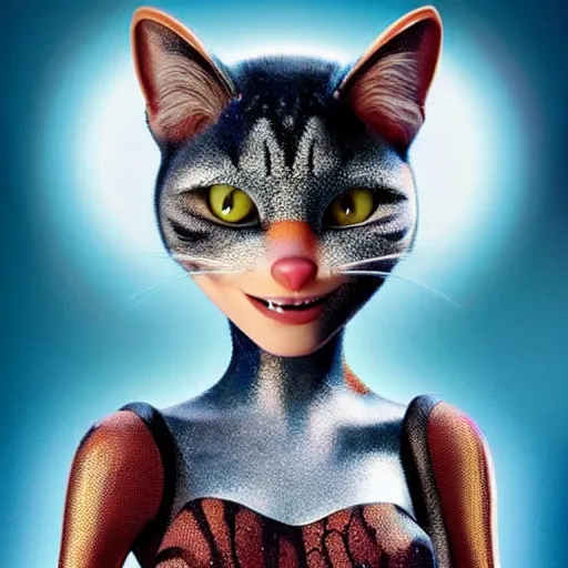 Prompt: pixar movie poster portrait photo : : of jessica alba as cat cyborg woman designed by weta workshop : : artstation, unreal engine : : rave makeup, pearlescent, sweaty, morning, vogue cover