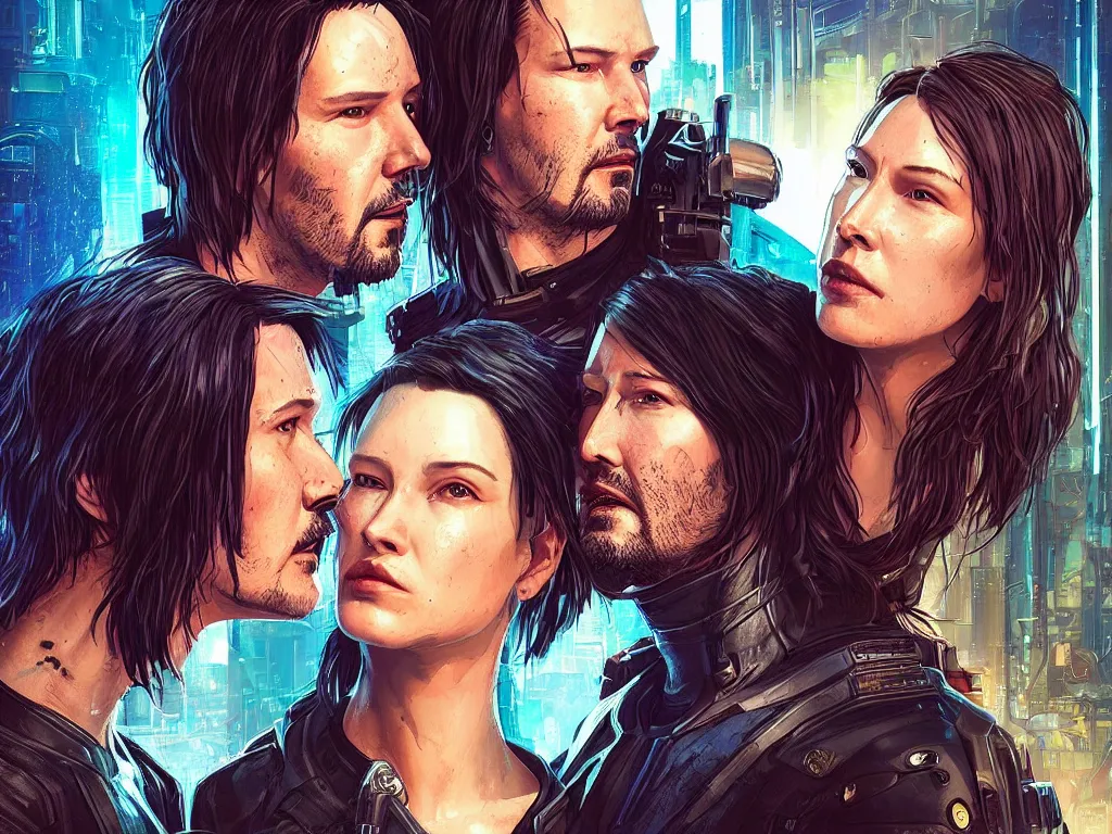 Image similar to a cyberpunk 2077 instagram couple portrait of a Keanu Reeves and a female android final kiss,love,film lighting,by Laurie Greasley,Lawrence Alma-Tadema,Dan Mumford,John Wick,Speed,Replicas,artstation,deviantart,FAN ART,full of color,Digital painting,face enhance,highly detailed,8K,octane,golden ratio,cinematic lighting