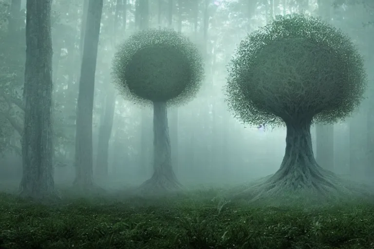 Image similar to a complex organic fractal 3 d ceramic humanoid megastructure in a lush forest, foggy, cinematic shot, photo still from movie by denis villeneuve