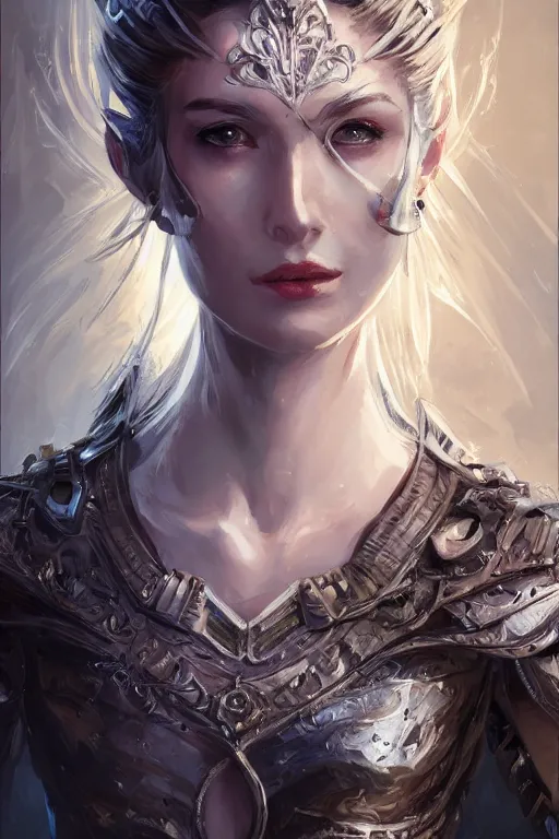 Image similar to three-quarters portrait pose of a beautiful woman, slim body, shining armor, human warrior, fantasy, intricate, elegant, highly detailed, digital painting, artstation, concept art, matte, sharp focus,D&D, illustration, art by Stanley Lau