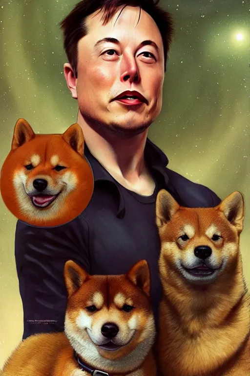 Image similar to photorealistic portrait photograph of elon musk with a shiba inu dog, handsome, depth of field, soft focus, highly detailed, intricate, realistic, national geographic cover, soft glow, textured, artstation, concept art, sharp focus, illustration, art by artgerm and greg rutkowski and alphonse mucha