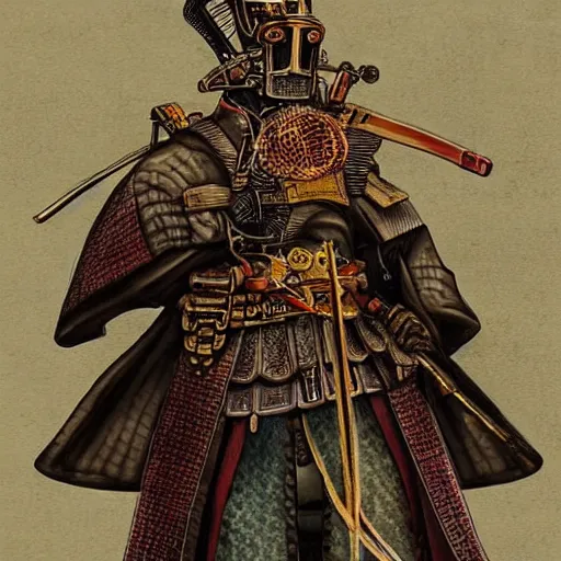 Prompt: “ color photo of a steampunk samurai, hd, photorealistic ”