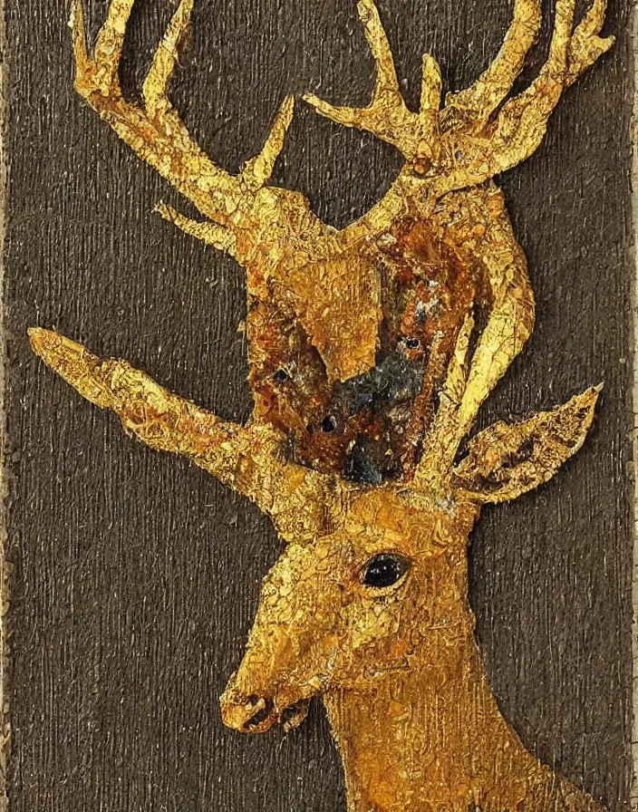 Prompt: tiny golden deer, detailed and highly reliefed analogue mixed media collage with canvas texture in style of conteporary art, punk art, hyperrealistic beautiful, photorealistic, expressionism, masterpiece, perfect composition, spectacular quality, intricate oil details