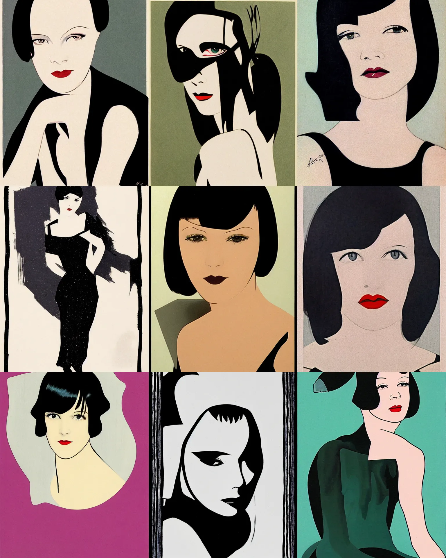 Prompt: Mary Louise Brooks 25 years old, portrait by Patrick Nagel, 1920s,